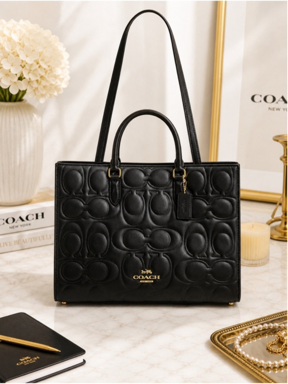 NEW Coach Maggie Tote Black Signature Embossed Leather CY672 NWT